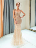 vigocouture-Beaded Mermaid V-Neck Prom Dress 20296-Prom Dresses-vigocouture-Champagne-US2-