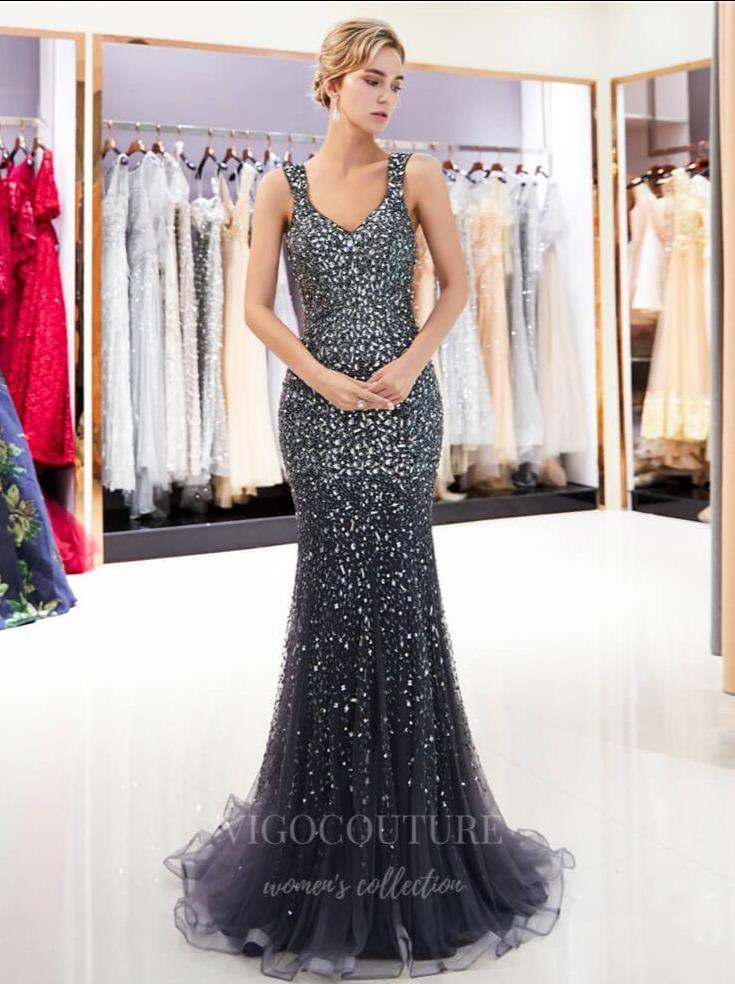 vigocouture-Beaded Mermaid V-Neck Prom Dress 20296-Prom Dresses-vigocouture-Grey-US2-