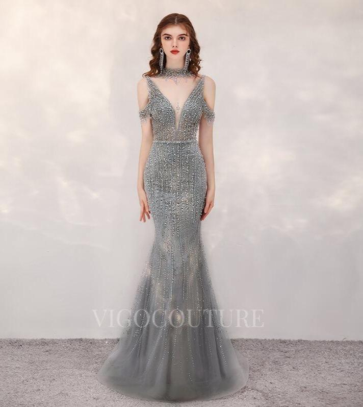 vigocouture-Beaded Off the Shoulder Prom Dresses Mermaid Evening Dresses 20131-Prom Dresses-vigocouture-Silver-US2-