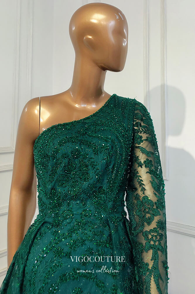 vigocouture-Beaded One Shoulder Formal Dresses A-Line Lace Applique Prom Dress 21618-Prom Dresses-vigocouture-