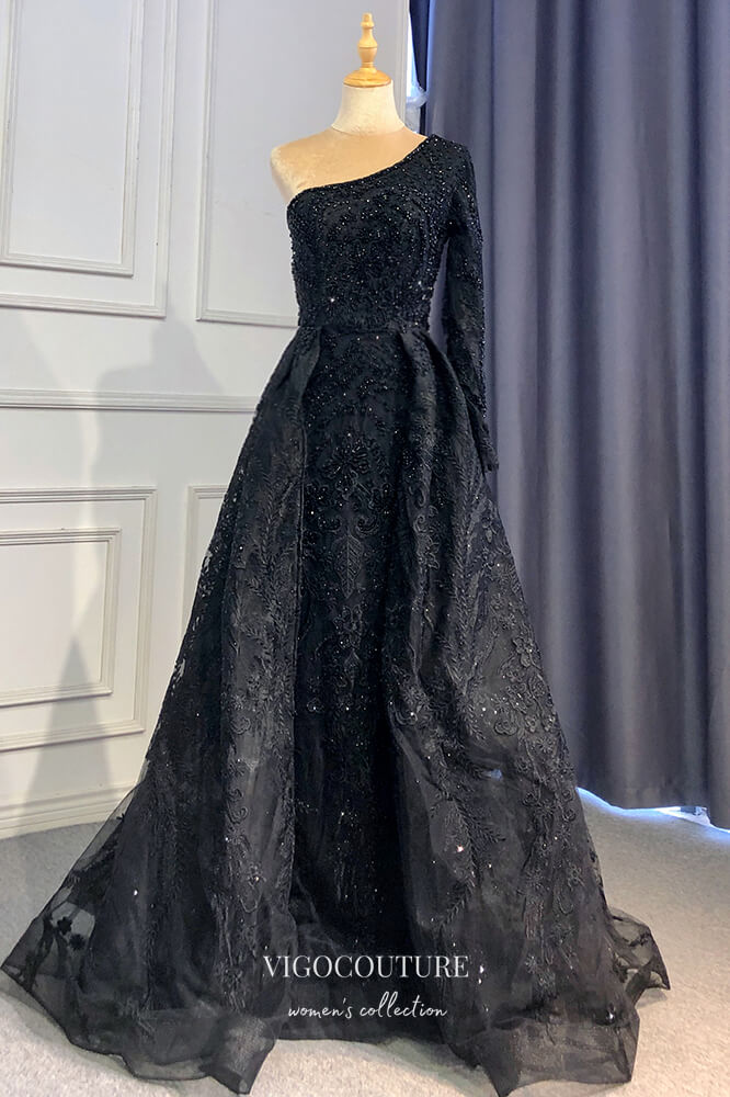 vigocouture-Beaded One Shoulder Formal Dresses A-Line Lace Applique Prom Dress 21618-Prom Dresses-vigocouture-Black-US2-