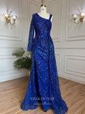 Beaded One Shoulder Prom Dresses Long Sleeve Mermaid Evening Dress 22099-Prom Dresses-vigocouture-Blue-US2-vigocouture
