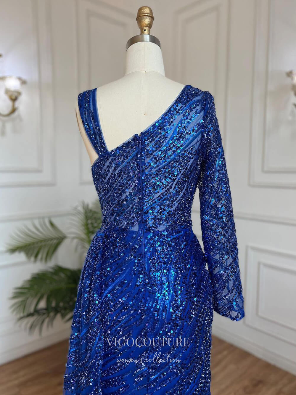 Beaded One Shoulder Prom Dresses Long Sleeve Mermaid Evening Dress 22099-Prom Dresses-vigocouture-Blue-US2-vigocouture