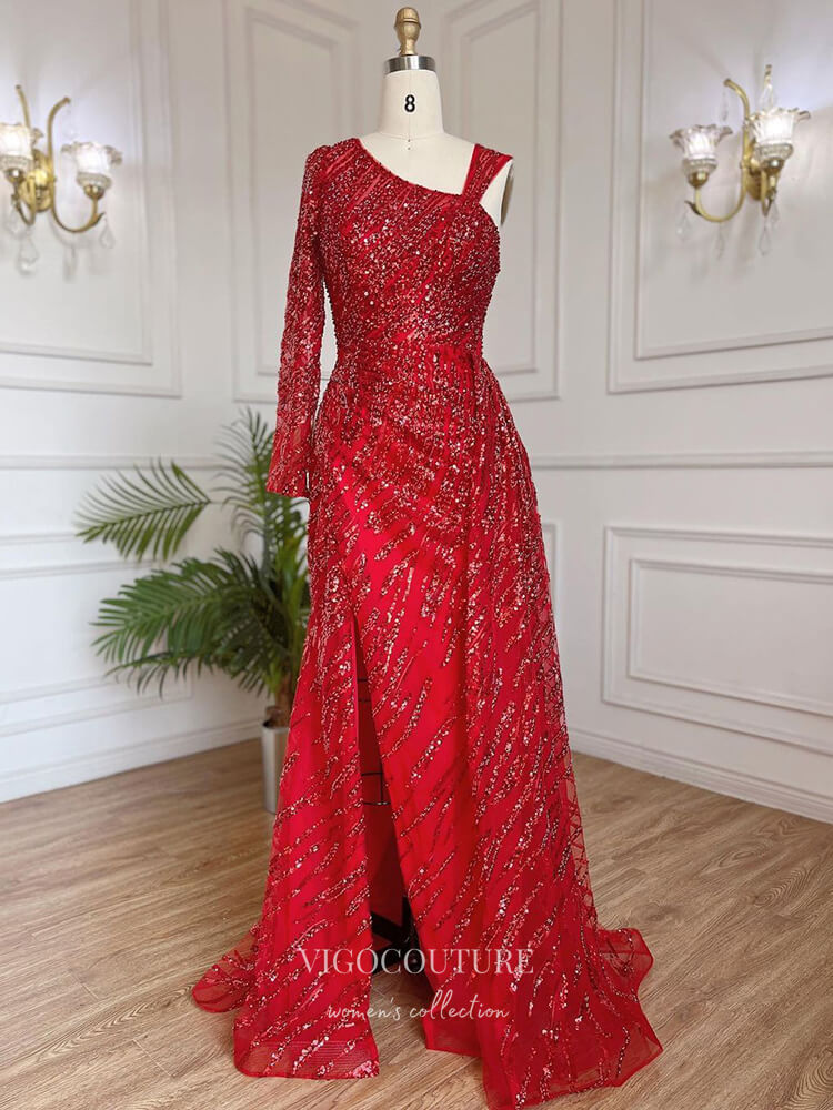 Beaded One Shoulder Prom Dresses Long Sleeve Mermaid Evening Dress 22099-Prom Dresses-vigocouture-Red-US2-vigocouture