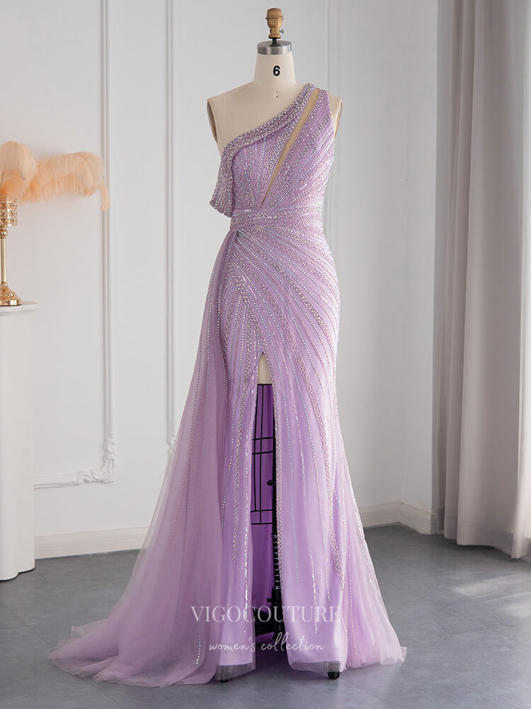Beaded One Shoulder Prom Dresses with Slit 1920s Evening Dress 22145-Prom Dresses-vigocouture-Lilac-US2-vigocouture