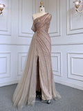 Beaded One Shoulder Prom Dresses with Slit Overskirt Sheath Evening Dress 22108-Prom Dresses-vigocouture-Mocha-US2-vigocouture