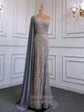 Beaded One Shoulder Prom Dresses with Slit Watteau Train Evening Dress 22114-Prom Dresses-vigocouture-Grey-US2-vigocouture