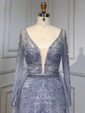 vigocouture-Beaded Plunging V-Neck Formal Dresses Long Sleeve Evening Dresses 21528-Prom Dresses-vigocouture-