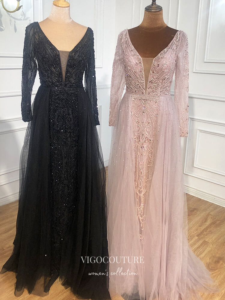 vigocouture-Beaded Plunging V-Neck Formal Dresses Long Sleeve Evening Dresses 21528-Prom Dresses-vigocouture-Black-US2-