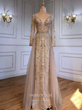 vigocouture-Beaded Plunging V-Neck Formal Dresses Long Sleeve Evening Dresses 21528-Prom Dresses-vigocouture-Champagne-US2-
