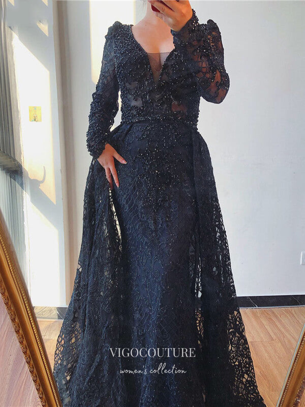 vigocouture-Beaded Plunging V-Neck Formal Dresses Long Sleeve Evening Dresses 21529-Prom Dresses-vigocouture-Black-US2-