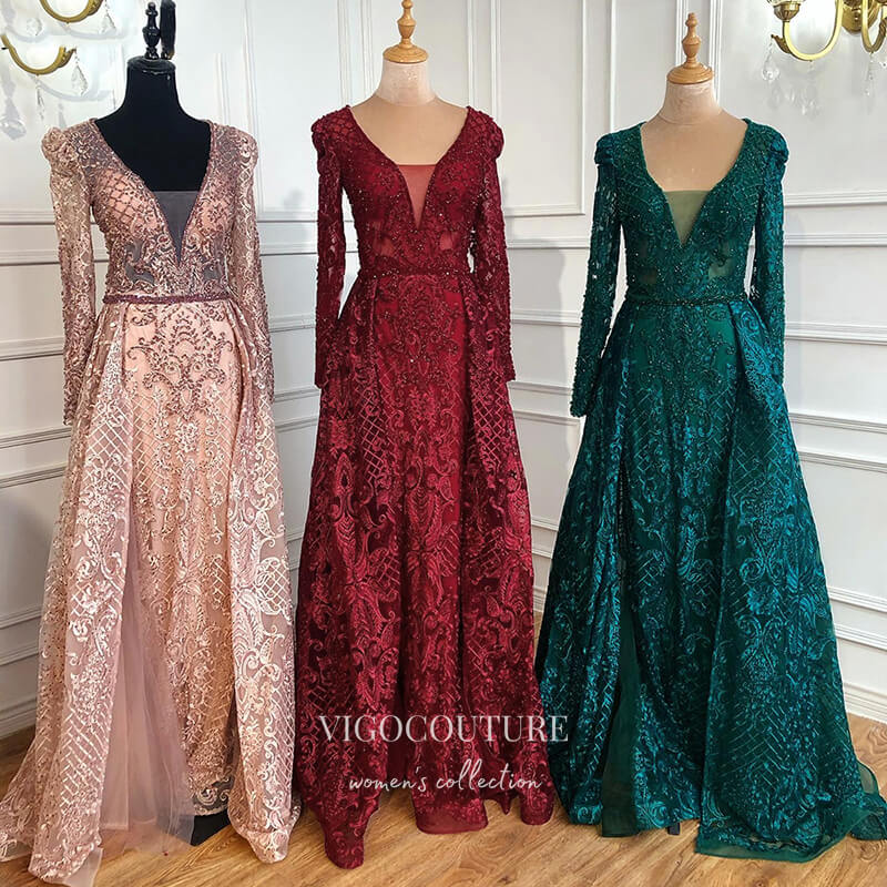 vigocouture-Beaded Plunging V-Neck Formal Dresses Long Sleeve Evening Dresses 21529-Prom Dresses-vigocouture-Green-US2-