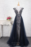 vigocouture-Beaded Plunging V-Neck Prom Dresses 20751-Prom Dresses-vigocouture-Navy Blue-US2-