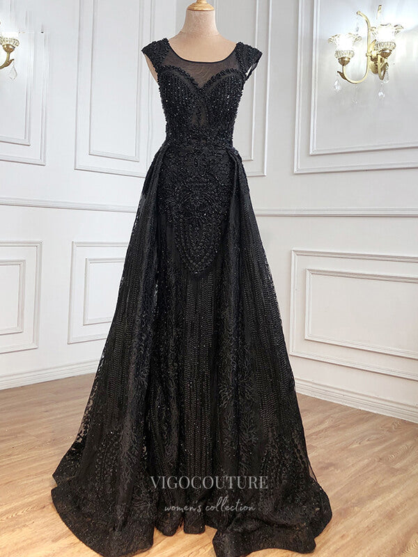 vigocouture-Beaded Prom Dresses Cap Sleeve Evening Dresses 21245-Prom Dresses-vigocouture-Black-US2-