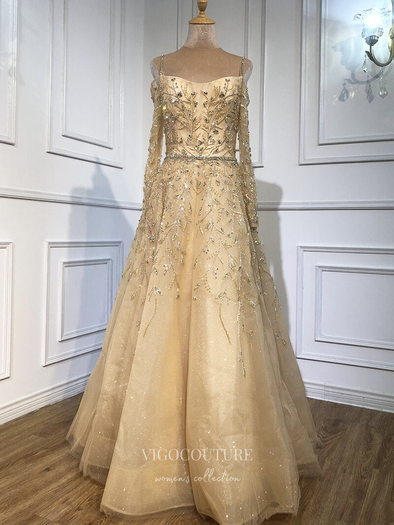 vigocouture-Beaded Prom Dresses Long Sleeve Evening Dresses 21194-Prom Dresses-vigocouture-Champagne-US2-