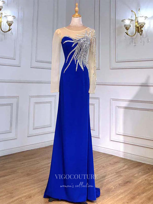 vigocouture-Beaded Prom Dresses Long Sleeve Evening Dresses 21216-Prom Dresses-vigocouture-Blue-US2-