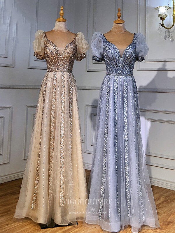 vigocouture-Beaded Prom Dresses Puffed Sleeve Evening Dresses 21199-Prom Dresses-vigocouture-