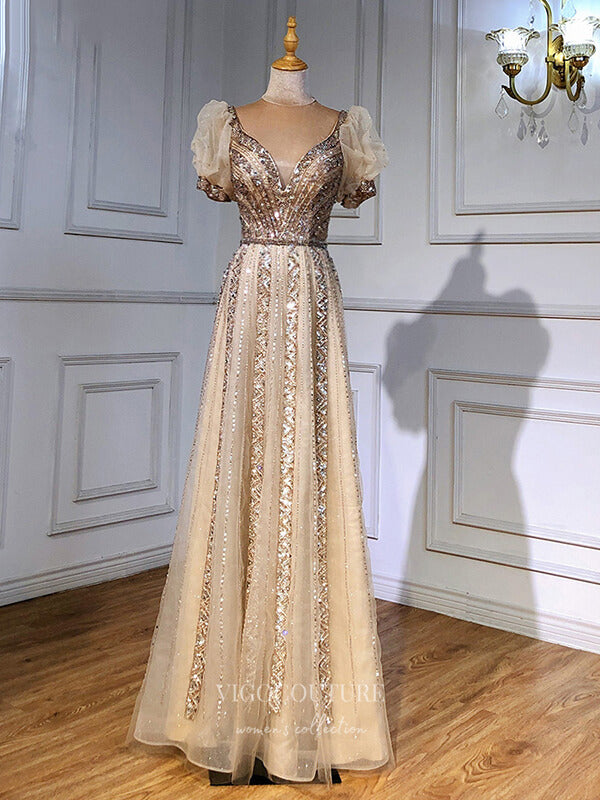 vigocouture-Beaded Prom Dresses Puffed Sleeve Evening Dresses 21199-Prom Dresses-vigocouture-Champagne-US2-