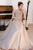 vigocouture-Beaded Puffed Sleeve Prom Dress 20230-Prom Dresses-vigocouture-Champagne-US2-