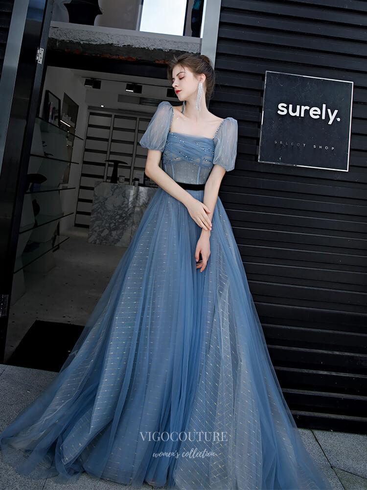 vigocouture-Beaded Puffed Sleeve Prom Dress 20239-Prom Dresses-vigocouture-Blue-US2-