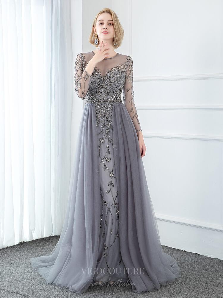 vigocouture-Beaded Round Neck Long Sleeve Prom Dresses 20750-Prom Dresses-vigocouture-Grey-US2-