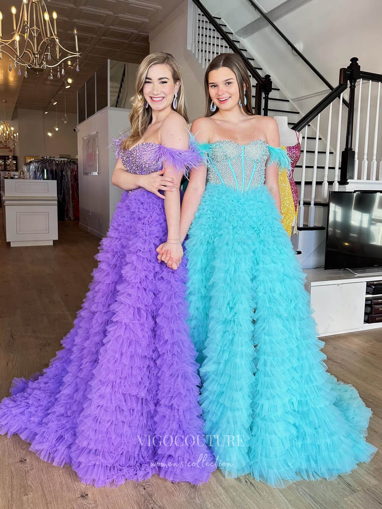 Beaded Ruffled Tulle Prom Dresses with Slit Off the Shoulder Formal Gown 22178-Prom Dresses-vigocouture-Purple-US2-vigocouture