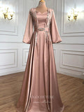 vigocouture-Beaded Satin Prom Dresses Long Sleeve Formal Dresses 21221-Prom Dresses-vigocouture-Pink-US2-