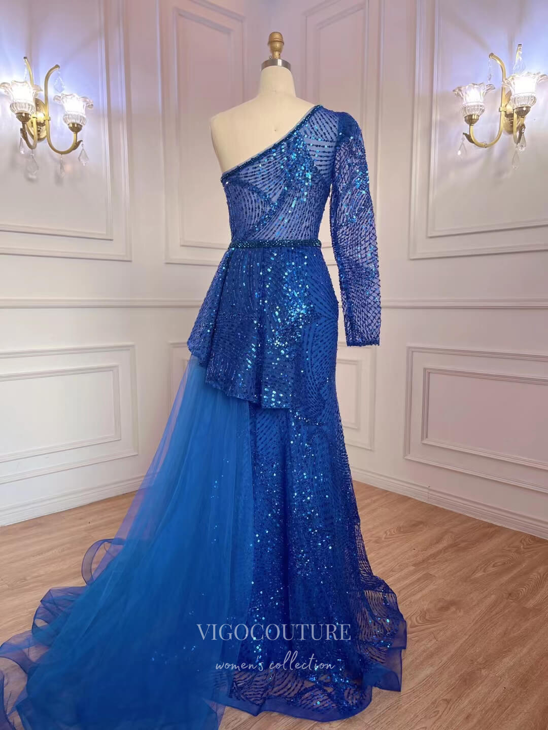 Beaded Sequin Prom Dresses with Slit One Shoulder Evening Gown 22115-Prom Dresses-vigocouture-Champagne-US2-vigocouture