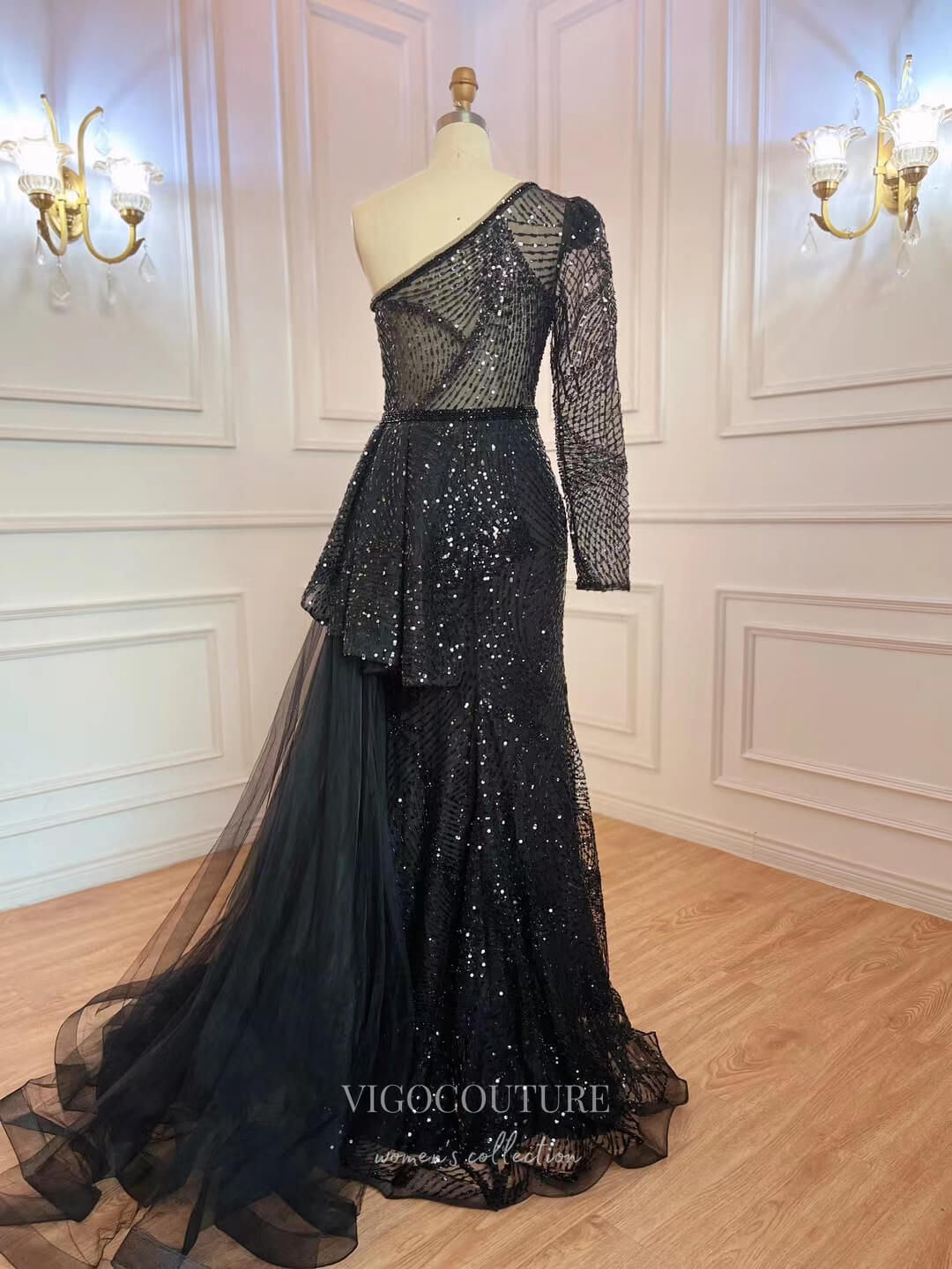 Beaded Sequin Prom Dresses with Slit One Shoulder Evening Gown 22115-Prom Dresses-vigocouture-Champagne-US2-vigocouture