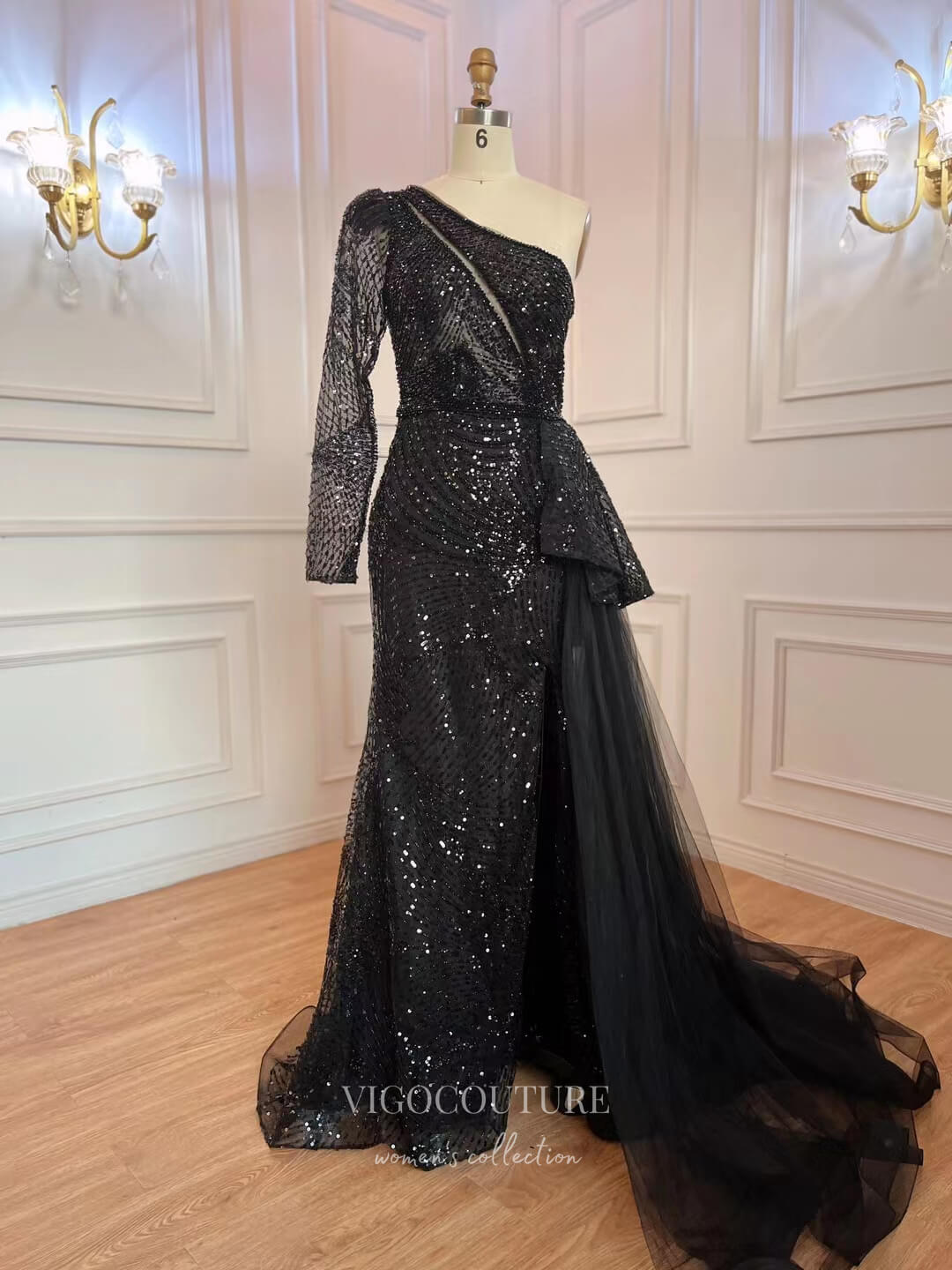 Beaded Sequin Prom Dresses with Slit One Shoulder Evening Gown 22115-Prom Dresses-vigocouture-Black-US2-vigocouture
