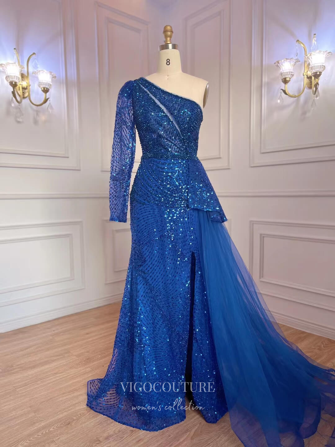 Beaded Sequin Prom Dresses with Slit One Shoulder Evening Gown 22115-Prom Dresses-vigocouture-Blue-US2-vigocouture