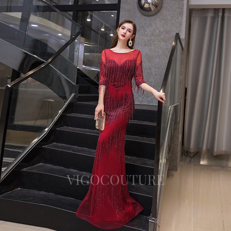 vigocouture-Beaded Sheath Half Sleeve Prom Dresses 20009-Prom Dresses-vigocouture-