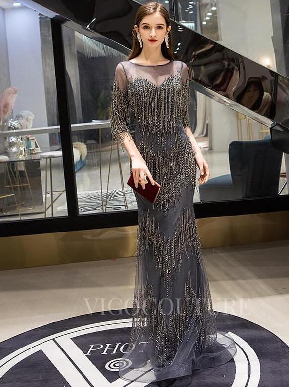 vigocouture-Beaded Sheath Half Sleeve Prom Dresses 20009-Prom Dresses-vigocouture-Grey-US2-