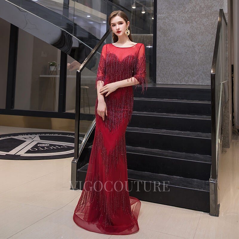 vigocouture-Beaded Sheath Half Sleeve Prom Dresses 20009-Prom Dresses-vigocouture-Red-US2-