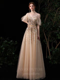 vigocouture-Beaded Short Long Sleeve Prom Dress 20145-Prom Dresses-vigocouture-