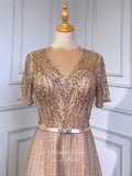 vigocouture-Beaded Short Sleeve Formal Dresses A-Line Evening Dresses 21517-Prom Dresses-vigocouture-