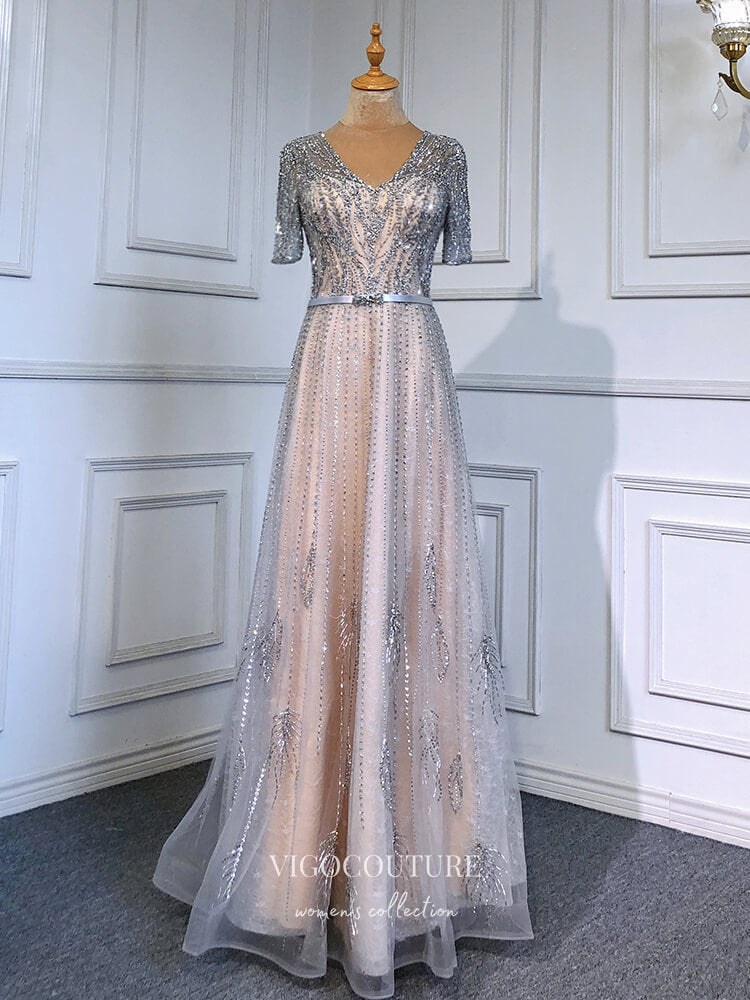 vigocouture-Beaded Short Sleeve Formal Dresses A-Line Evening Dresses 21517-Prom Dresses-vigocouture-Silver-US2-
