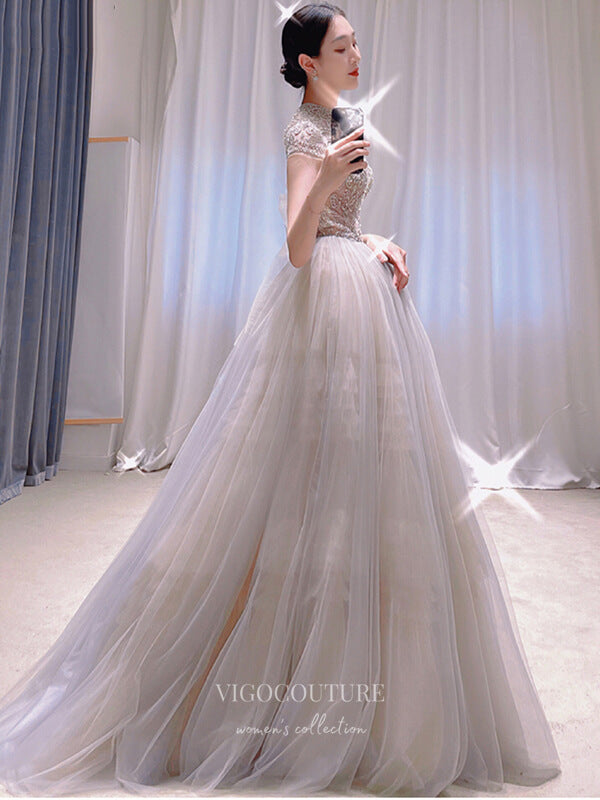 vigocouture-Beaded Short Sleeve Prom Dresses High Neck Formal Dresses 21262-Prom Dresses-vigocouture-