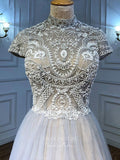 vigocouture-Beaded Short Sleeve Prom Dresses High Neck Formal Dresses 21262-Prom Dresses-vigocouture-