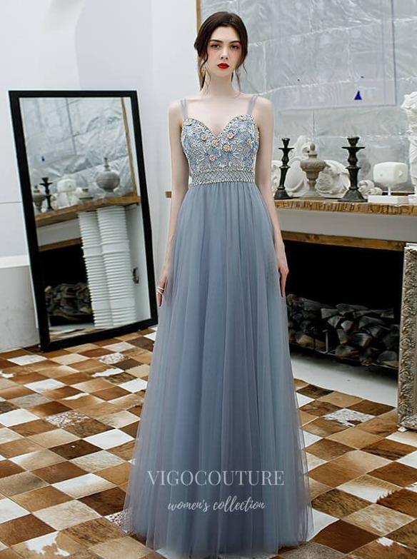 vigocouture-Beaded Spaghetti Strap Prom Dress 20189-Prom Dresses-vigocouture-Dusty Blue-US2-