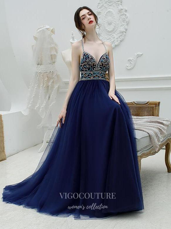 vigocouture-Beaded Spaghetti Strap Prom Dress 20221-Prom Dresses-vigocouture-Navy Blue-US2-