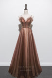 vigocouture-Beaded Spaghetti Strap Prom Dress 20664-Prom Dresses-vigocouture-Brown-US2-