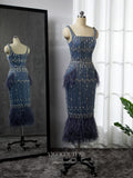 Beaded Square Neck Prom Dresses Tea Length Feather Dress 22085-Prom Dresses-vigocouture-Blue-US2-vigocouture