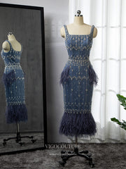 Beaded Square Neck Prom Dresses Tea Length Feather Dress 22085