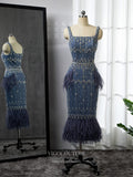 Beaded Square Neck Prom Dresses Tea Length Feather Dress 22085-Prom Dresses-vigocouture-Blue-US2-vigocouture