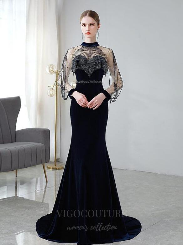 vigocouture-Beaded String Velvet Prom Dress 20152-Prom Dresses-vigocouture-Navy Blue-US2-