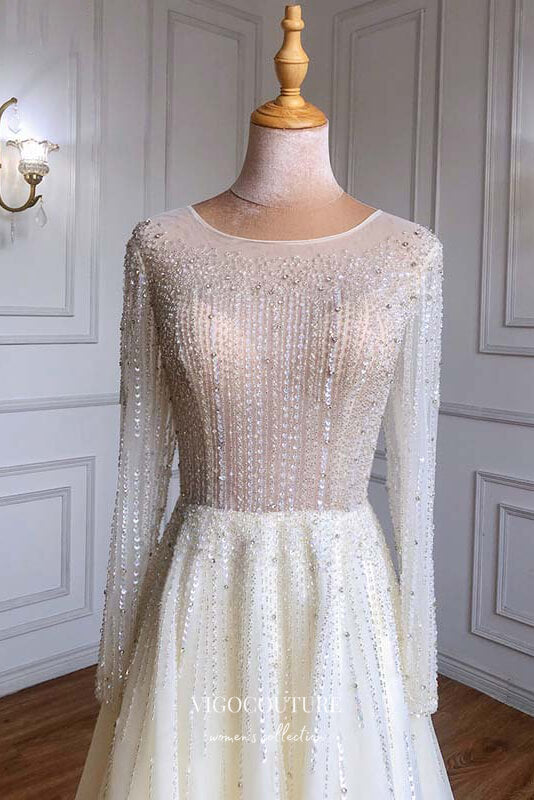 vigocouture-Beaded Tea Length Formal Dresses Long Sleeve Prom Dress 21630-Prom Dresses-vigocouture-