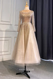 vigocouture-Beaded Tea Length Formal Dresses Long Sleeve Prom Dress 21630-Prom Dresses-vigocouture-Champagne-US2-