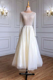vigocouture-Beaded Tea Length Formal Dresses Long Sleeve Prom Dress 21630-Prom Dresses-vigocouture-Ivory-US2-
