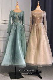 Beaded Tea Length Formal Dresses Long Sleeve Prom Dress 21630